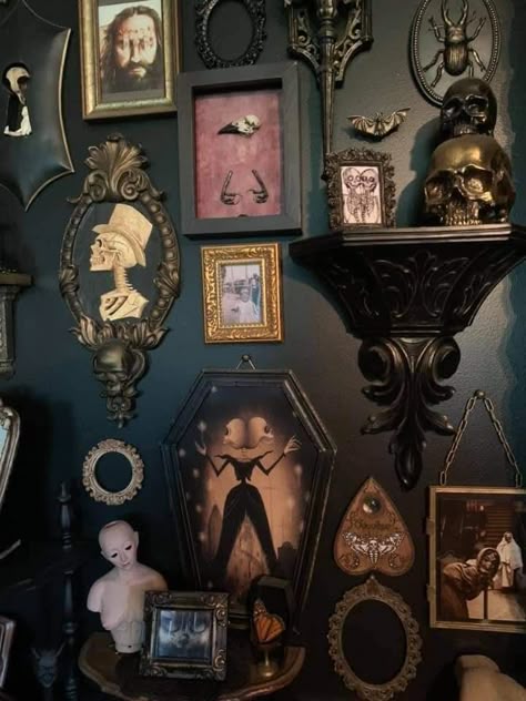 Goth Frame Wall, Gothic Picture Wall, Spooky Maximalism, Goth Gallery Wall, Curio Wall, Gothic Gallery Wall, Gothic Wall Decor, Moody Decor, Cottage Core Decor