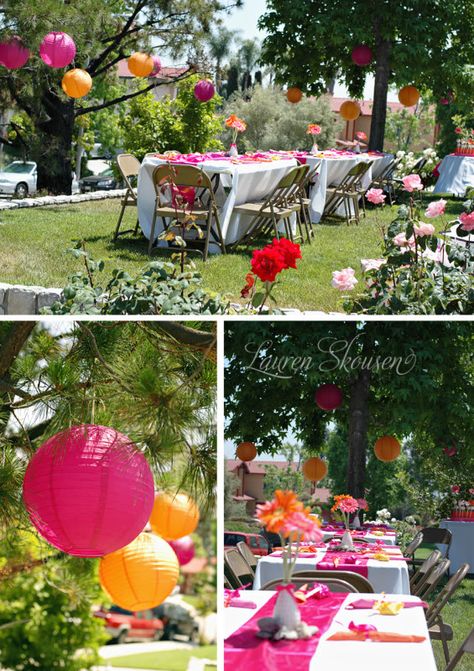 Have a bridal shower outside would be so pretty...if the weather was right. lol Backyard Spring Party, Festival Garden Party Decoration, Bright Floral Party Decorations, Paper Lantern Decor Outdoor Party Ideas, Bridal Shower Bright Colors, Outdoor Bridal Shower Ideas, Bright Floral Bridal Shower Theme, Outdoor Bridal Showers, Pink Party Decorations