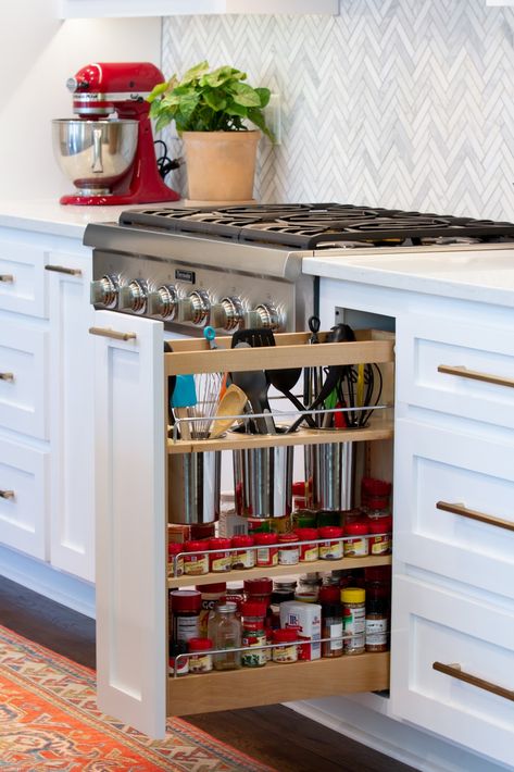 Spice rack pull out with custom cutouts for utensils Kitchen Spice Rack Ideas Cabinets, Pull Out Rack Kitchen, Kitchen Pull Out Spice Rack, Spice Cabinet Next To Range, Kitchen Spice Rack, Spice Slide Out Cabinet, Pull Out Kitchen Cabinets, Pull Out Utensil Cabinet, Spice Rack Cabinet