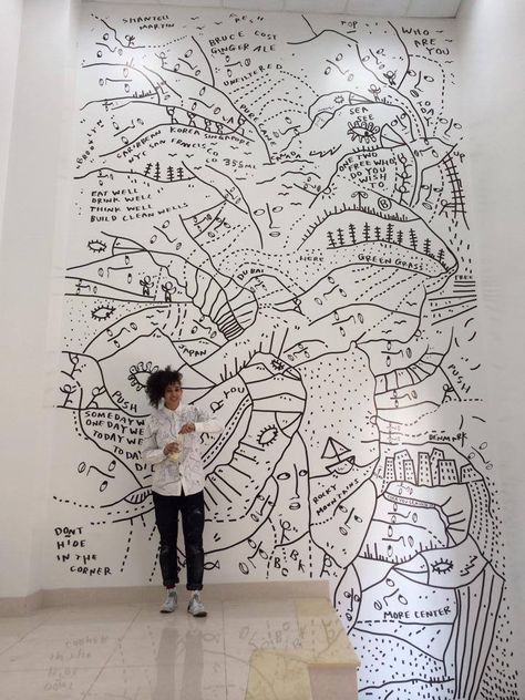 Afternoons work... Art Therapy Courses, Shantell Martin, Bathroom Mural, Map Illustration, Scribble Art, Wall Drawing, Exhibition Display, Black And White Painting, Family Art