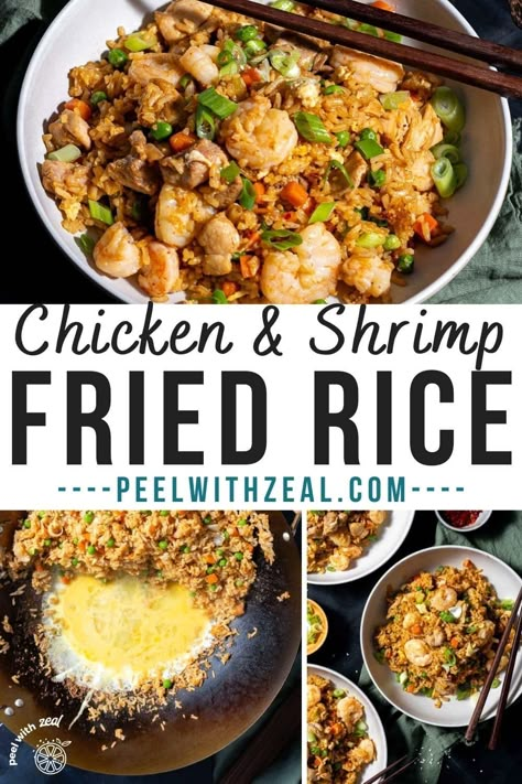 Skip the takeout and prepare this delectable shrimp and chicken fried rice at home! Succulent chicken and shrimp, combined with vegetables, scrambled eggs, and fried rice, create a savory and effortless weeknight dinner that the entire family will adore. This easy Chinese food recipe is a guaranteed crowd-pleaser. Chicken And Shrimp Rice Recipes, Fried Rice With Fish Sauce, Low Calorie Shrimp Fried Rice, High Protein Shrimp Fried Rice, Chicken Shrimp Fried Rice Recipes, Shrimp Chicken Fried Rice, Recipes With Shrimp And Rice, Hibachi Chicken And Shrimp Fried Rice, Authentic Fried Rice Chinese