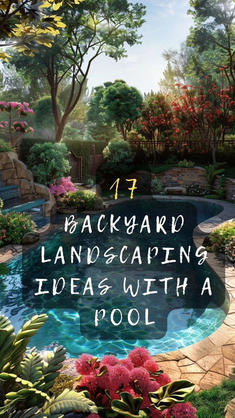 Create your own backyard oasis! 🌴🏊‍♂️ Click to see 17 stunning pool landscaping ideas that transform your outdoor space into a paradise. #BackyardPool #LandscapingIdeas #OutdoorOasis #PoolDesigns #GardenParadise Rockery Around Pool, Flower Garden Around Pool, Landscape Ideas Around Pool Area, Backyard Plunge Pool Ideas, Rustic Pool Landscaping, Natural Spring Pool, Tropical Backyard Pool Landscape Design, Lush Backyard Landscaping With Pool, 1 Acre Backyard Ideas With Pool