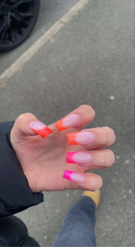 Orange French Tip Almond Nails, French Tip Nails With Orange, Ombre French Tip Acrylic Nails, Almond Nails Pink French Tip, Orange Nails French Tip, Pink And Orange French Tip, Gradient French Nails, Nails French Pink, Pink Orange Nails