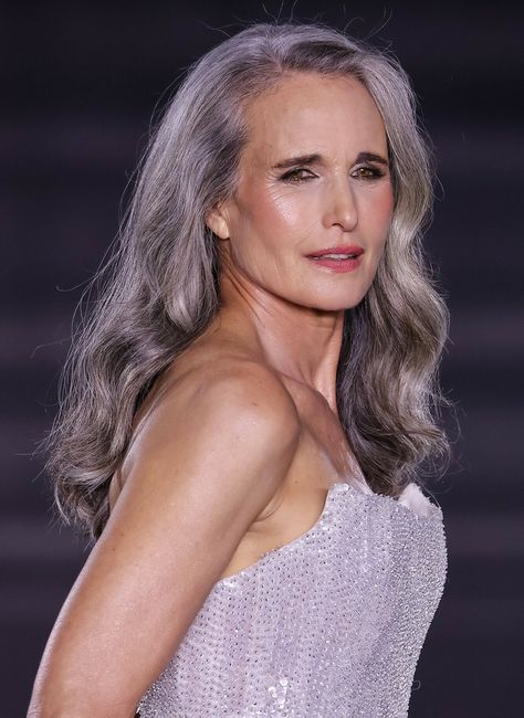 Andie MacDowell, 66, Rocks the Runway in a Marvelous Gown, Sparking Heated Buzz Andie Macdowell Gray Hair, Andie Mcdowell, Mauve Lips, Styling Portfolio, Andie Macdowell, Gorgeous Gray Hair, Authentic Beauty, Natural Gray Hair, Long Leather Coat