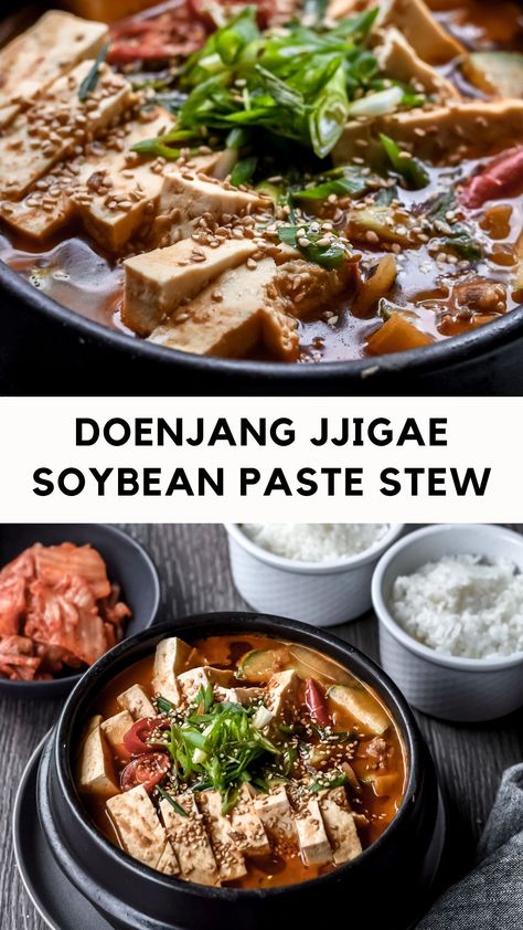 Doenjang Jjigae in black clay pot Doenjang Jjigae, Korean Comfort Food, Korean Stew, Soybean Paste, Korean Food Recipes, Fusion Dishes, Korean Cooking, Korean Dishes, Bean Curd