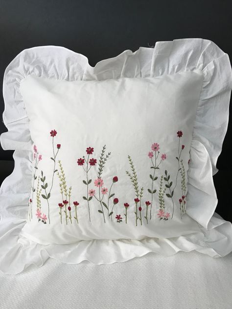 Embroidered cotton pillow cover White cushion pillowcase with red and pink flower; Wedding, birthday, easter, anniversary, housewarming gift by TheWellbyKosen on Etsy Hand Embroidered Pillow Case, Pillow Case Covers, Embroidery On Pillow Cover, Herbs Embroidery, Embroidery On Pillow, Diy Embroidered Pillow, Pillow Embroidery Designs, Pillow Case Embroidery, Embroidery Pillowcases