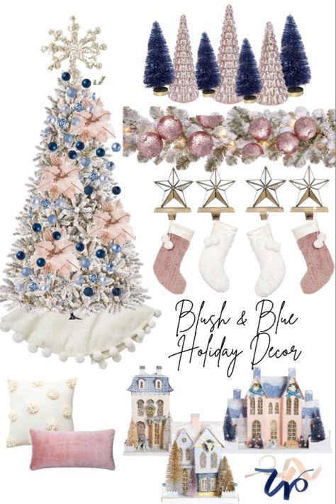 Pink And Blue Christmas Decorations Decorating Ideas, Pink And Navy Christmas Decor, Blush And Blue Christmas Tree, Pink And Blue Tree Christmas, Pink And Blue Christmas Aesthetic, Rose Gold And Blue Christmas Tree, Pink And Blue Christmas Decorations, Light Blue Christmas Decor, Blue And Pink Christmas Decor