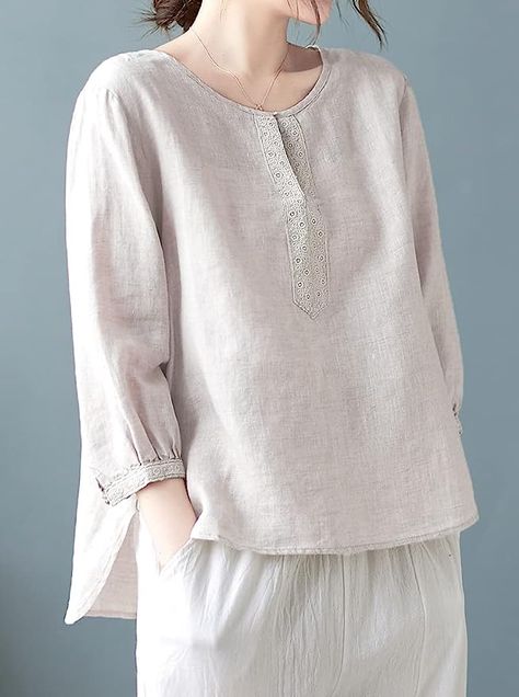 Amazon.com: Women 3/4 Sleeve Linen Tops Boho Embroidered Peasant Blouse Loose Casual Summer Shirt V-Neck Tunic Top Plus Size (Khaki, Medium) : Clothing, Shoes & Jewelry Linen Tops Women Blouses, Shirt Size Chart, Linen Pattern, Linen Tops, Buy Linen, Top Plus Size, Casual Summer Shirts, Linen Blouse, Loose Blouse