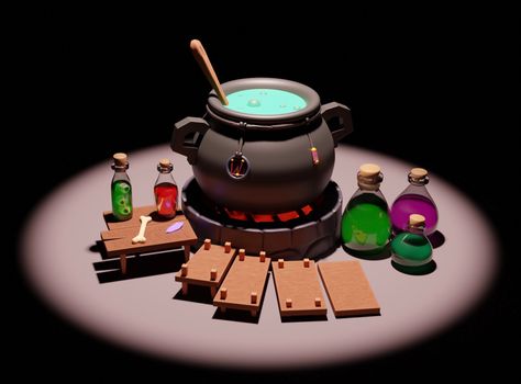 a witch's cauldron with full flasks of potion Halloween Witch Cauldron, Witch's Cauldron, Witchs Cauldron, Witches Cauldron, Blender 3d, Halloween Witch, Flask, Witch, Art Design