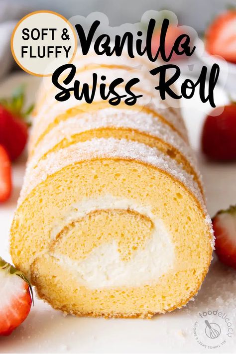 Vanilla Swiss Roll with Chantilly Cream (Vanilla Cake Roll) - Foodelicacy Fluffy Swiss Roll Recipe, Cake Roll Vanilla, Meringue Swiss Roll, Vanilla Swiss Roll Recipe Sponge Cake, Cake Roll Fillings, Vanilla Cake Roll Easy, Swiss Roll Cake Filling, Best Cake Roll Recipe, Vanilla Swiss Roll Cake