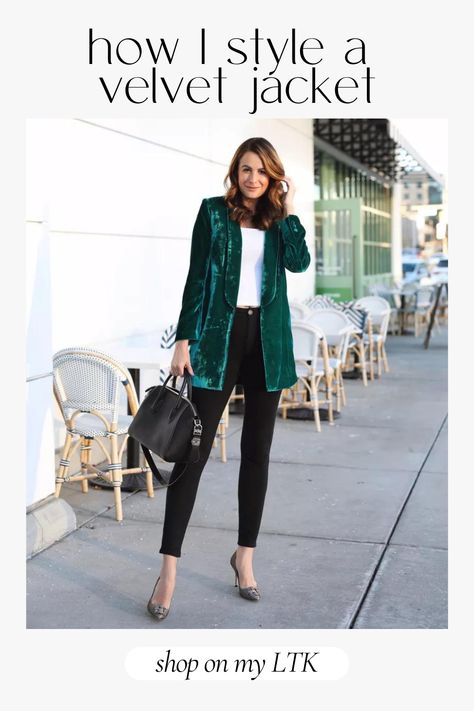 Heathers Fashion, Velvet Jacket Outfit, Preppy Fall Style, Emerald Green Outfit, Sunday Christmas, Green Jacket Outfit, Preppy Fall Fashion, Green Velvet Jacket, Neutral Wardrobe