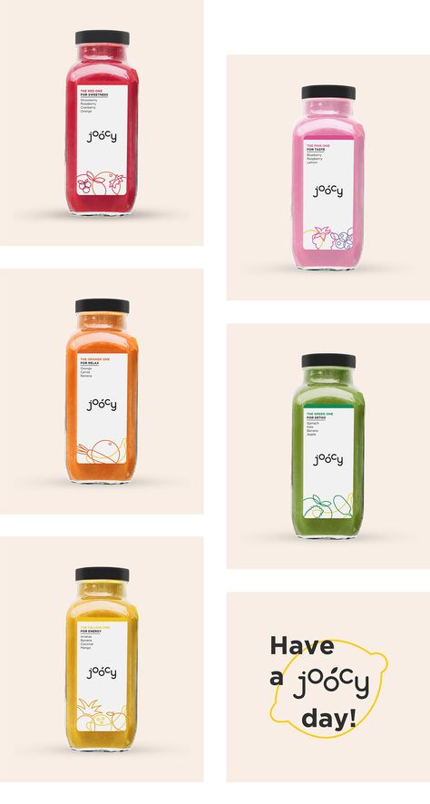 Joocy / Brand identity on Behance Juice Branding Design, Illustration Packaging Design, Fruit Juice Brands, Clean Fruit, Gold Sink, Sink Cleaner, Fruit Juice Packaging, Label Inspiration, Juice Label