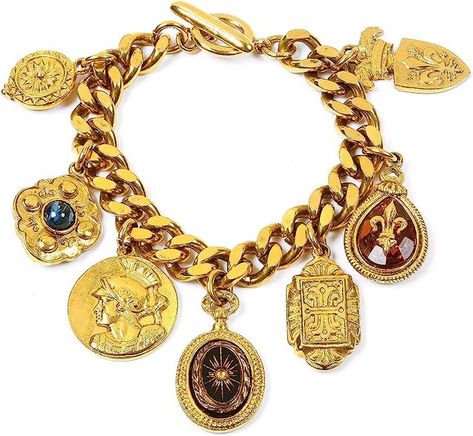 An exquisite charm bracelet abounding with royal motifts: Roman soldiers, fleur de lis, crest, and shield designs in ruby red, ocean blue, and emerald green. The ornate and distinctive style of Ben-Amun impressed such fashion icons as Jacqueline Kennedy Onassis, who was photographed wearing the designer's pieces. Ahs Style, Coin Charm Bracelet, Chunky Gold Chain, Locket Bracelet, Gold Locket, Gold Charm Bracelet, Locket Charms, Gold Bracelet Chain, Vintage Bracelets