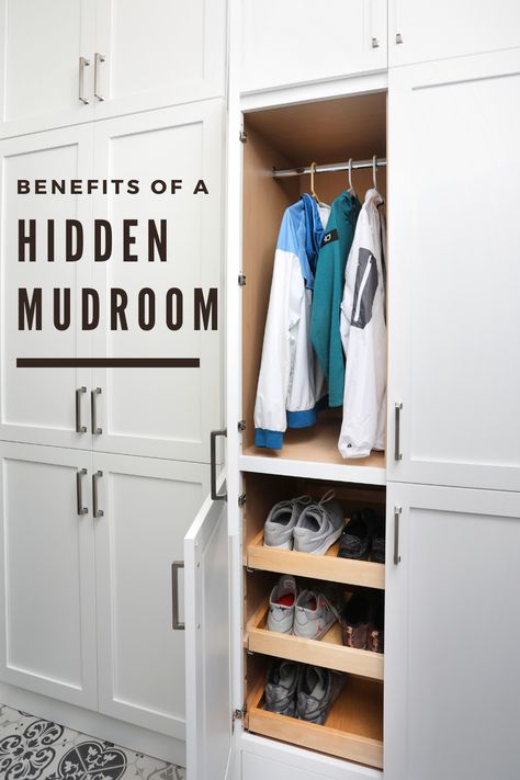 Inside Of Mudroom Cabinets, Mudroom Coat Cabinet, Closed Cabinet Mudroom, Mud Room Cabinet Organization, Mudroom Cabinet Storage, Pantry In Mudroom, Built In Cabinets Mudroom, L Shaped Mudroom Bench With Storage, Concealed Mudroom Storage