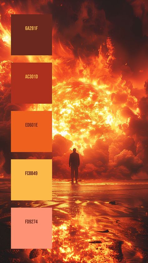 Colors: 6A281F ° AC301D ° ED601E ° FCBB49 ° FD9274 Fire Pallete Color, Red Ochre Color Palette, Fiery Color Palette, Red And Yellow Colour Palette, Orange And Red Palette, Dark Orange Palette, Fireworks Color Palette, Phoenix Color Palette, Fire Colour Palette