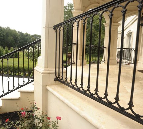 New Orleans Iron Railing, Iron Railings Outdoor Balconies, Stair Railing Exterior, Wrought Iron Stair Railing Outdoor, Porch Pillars Columns, Terrace Railing Design, Wrought Iron Balcony Railing, Modern Front Porch Decor, Wrought Iron Railing Exterior