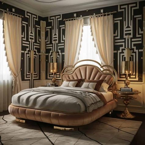 17 Dreamy Art Deco Bedroom Ideas to Transform Your Space - Fabricerie Deco Bedroom Ideas, Art Deco Bedroom Ideas, Modern Art Deco Bedroom, Art Deco Bedroom Decor, Art Deco Bedrooms, 1920s Interior, Geometric Headboard, Art Deco Apartment, Art Deco Bedroom