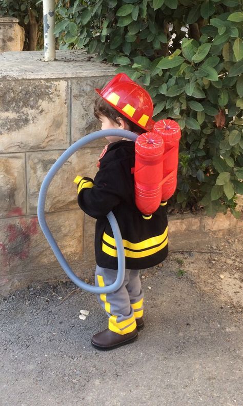 Diy Fire Extinguisher For Kids, Fire Fighter Costume Diy, Diy Fireman Costume Kids, Diy Firefighter Costume Kids, Fireman Costume Kids, Firefighter Dramatic Play, Toddler Fireman Costume, Diy Fireman Costumes, Firefighter Costume Diy