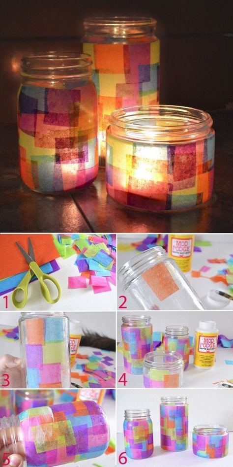 Recycled Jars, Diy Jar Crafts, Jar Diy, Craft Club, Faux Stained Glass, Camping Crafts, Balcony Ideas, Backdrop Decorations, Mason Jar Crafts