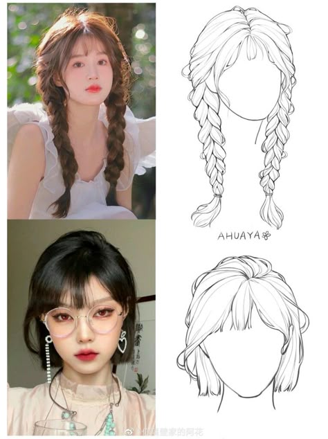 Braids Framing Face, How To Draw Bangs Digital, Bangs Hairstyle Drawing, Anime Bangstyle Hair, How To Draw Hair Reference, Hair Reference Drawing Female, Hair From The Back Drawing, Female Hairstyles Reference, Braid Hair Drawing