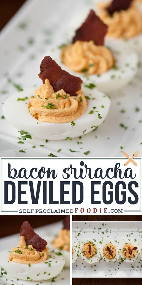 Sriracha Bacon, Jalapeno Deviled Eggs, Sriracha Deviled Eggs, Brunch Appetizers, Dip Recipes Appetizers, Bacon Deviled Eggs, Scooby Snacks, Protein Packed Snacks, Bacon Recipe