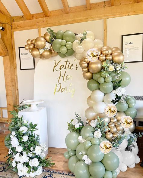 Balloon Garland Green And Gold, Sage Green Wedding Balloon Arch, White And Green Birthday Decorations, Olive Balloon Garland, Sage And Gold Balloon Arch, Engagement Party Ideas Sage Green, Green Balloon Decorations For Birthday, Sage And Gold Balloon Garland, Sage Green And Gold Balloon Arch