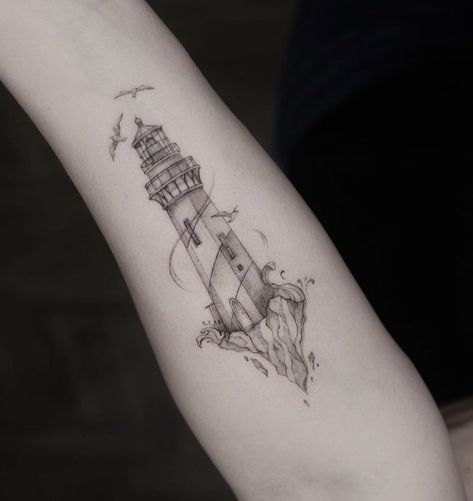 Lighthouse And Ship Tattoo, Sea Tatoos Ideas, Lighthouse Tattoo For Women, Minimalist Lighthouse Tattoo, Small Lighthouse Tattoo, Nautical Tattoo Ideas, Papa Tattoo, Ocean Sleeve, Boat Tattoo