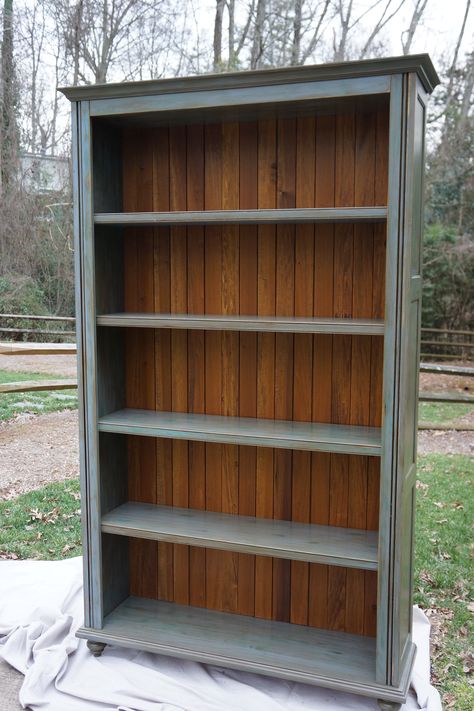 Custom-built bookcase with blue painted finish and stained back panel. Bookcase Makeover, Diy Bookshelf, Large Bookshelves, Bookcase Diy, Tall Bookcase, Transforming Furniture, Kursi Bar, Tall Bookcases, Furniture Bookshelves