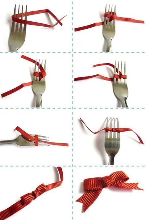 strikje maken op een vork Fork Bow, 자수 디자인, Small Bows, How To Make Bows, Forks, Homemade Cards, Ribbon Bows, Spoons, Diy Gifts