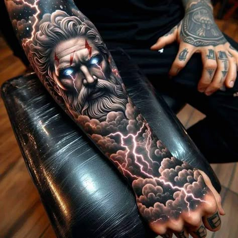 Greek God Tattoo, Poseidon Tattoo, Zeus Tattoo, Realistic Tattoo Sleeve, Men Tattoos Arm Sleeve, Greek Mythology Tattoos, Cool Arm Tattoos, Muster Tattoos, Cloud Tattoo