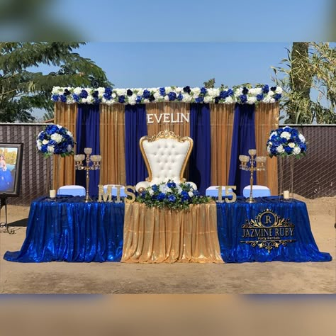 Royal Blue Quinceanera Main Table, Royal Blue And Gold Backdrop Ideas, Navy Blue Quince Main Table, Quinceañera Centerpieces Ideas Royal Blue, Royal Blue And Gold Venue Quinceanera, Quince Main Table Ideas Royal Blue, Royal Blue And Gold 15 Decorations, Royal Blue Quince Backdrop, Royal Blue And Gold Quinceanera Decor