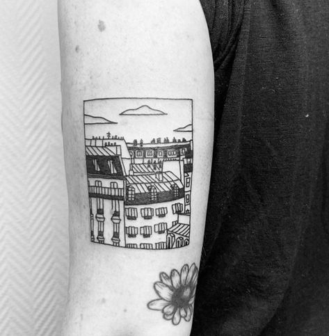 Fine Line Architecture Tattoo, Paris Tattoo Ideas, Paris Tattoos, Ship Tattoo Sleeves, France Tattoo, Madrid Tattoo, Paris Sunset, Tattoo 2024, Paris Tattoo