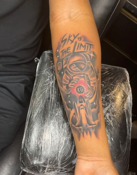 615 Tattoos, Sky’s The Limit Tattoo, The Sky Is The Limit Tattoos, Skys The Limit Tattoo, Sky Is The Limit Tattoo, Forearm Word Tattoo, Ripped Skin Tattoo, Arm Tattoos Lettering, Space Tattoo Sleeve