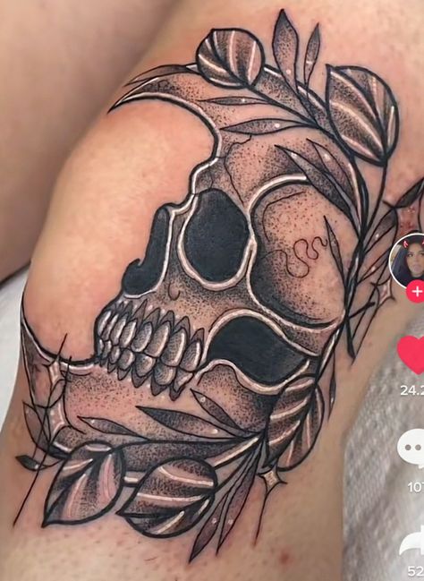 Side Leg Piece Tattoo, Knee And Shin Tattoos For Women, Knew Cap Tattoo, Skull Knee Cap Tattoo, Knee Tattoo Cover Up Ideas, Skeleton Clown Tattoo, Unique Skull Tattoos For Women, Knee Moon Tattoo, Lower Back And Hip Tattoos