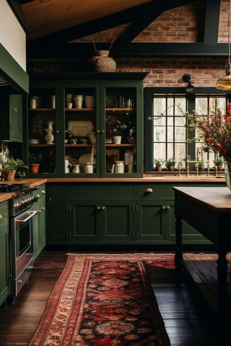 Dark Kitchens, Moody Farmhouse, Cottage Core Kitchen, Tessa Bailey, Kitchen Vibes, Moody Kitchen, Green Kitchen Designs, Dark Green Kitchen, Kitchen Dark