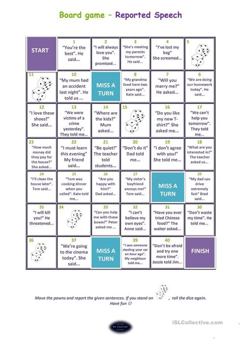 Reported Speech - board game - English ESL Worksheets for distance learning and physical classrooms Grammar Board Games, 3 Word Game, Present Simple Activities Games, English Games For Adults, English Games Teaching, English Board Games, English Word Games, Esl Board Games, English Grammar Games