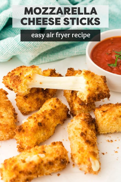 Easy air fryer mozzarella sticks are a cheesy, gooey appetizer or snack made with just six everyday ingredients. A homemade cheese stick that is breaded and air fried to crispy, crunchy perfection and filled with melty cheese. Perfect for dipping in marinara or ranch. | www.persnicketyplates.com Motzerella Sticks Recipe Homemade Airfryer, Air Fryer Recipes Mozzarella Sticks, Air Fryer Cheese Sticks, Homemade Cheese Sticks, Air Fryer Mozzarella Sticks, Air Fryer Mozzarella, Air Fryer Cheese, Fried Cheese Sticks, Cheese Sticks Recipe