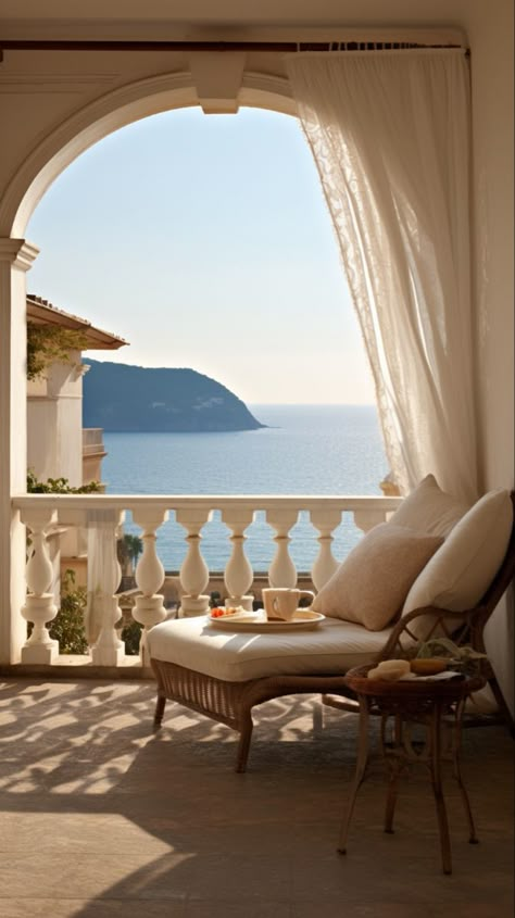 Balcony French Style, Italian Villa By The Sea, Sea Villa Beach Houses, Balcony Overlooking Ocean, Italian House Bedroom, Italian Villa Interior Bedrooms, Italian Coastal Home, Italian Villa Aesthetic Interior, Medditeranean Interior