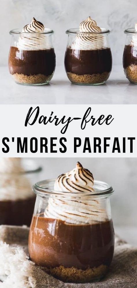 Dairy-free S'mores Parfaits - These decadent chocolate and marshmallow parfaits taste downright sinful, but are made with dairy-free chocolate pudding and healthier thanks to refined sugar swaps like coconut sugar and honey. The perfect chocolate dessert for special occasions that both kids and adults love .#dairyfree, #pudding #parfait Chocolate Pudding Parfait, Sugar Swaps, Smores Dessert, Smores Cupcakes, Pudding Parfait, Pudding Cheesecake, Dairy Free Desserts, Lectin Free, Dairy Free Dessert