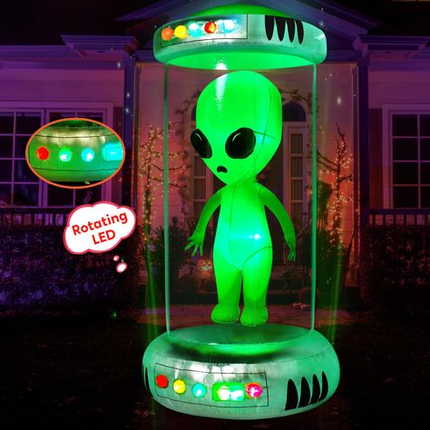 PRICES MAY VARY. Stunning Design. This 7ft tall Halloween inflatable Test Tube with Alien is a sight to behold. Its unique design features an alien creature encased within a towering test tube, capturing the attention of people who see it. The attention to detail is impeccable, from the alien's intricate features to the vibrant colors that bring it to life. Product size 4 x 4 x 7 feet. This inflatable comes with an extended cord, ground stakes, fastened ropes, built-in sandbags, and a plug with Alien Party Decor, Alien Halloween Decorations, Alien Party Decorations, Alien Decorations, Inflatable Alien, Halloween Decor Outdoor, Halloween Blow Ups, Alien Party, Alien Halloween