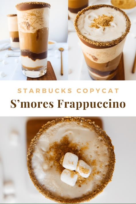 Starbucks Food Recipes, S’more Coffee, Coffee Shop Food Ideas, Smores Frappuccino Starbucks Recipe, Coffee Flavor Ideas, Smores Frappuccino Starbucks, Coffee Shop Recipes, Smores Frappe, Homemade Frappuccino Recipe