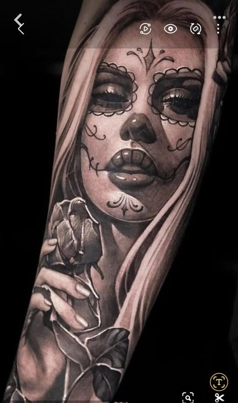 Day Of The Dead Sleeve Tattoo, Mexican Lady Tattoo, Day Of Dead Girl Tattoo, Mexican Skull Tattoos Women, Skull Lady Tattoo, Lady Face Tattoo Design, Feminine Skull Tattoos For Women, Dia De Los Muertos Tattoo Ideas, Chicano Girl Tattoo