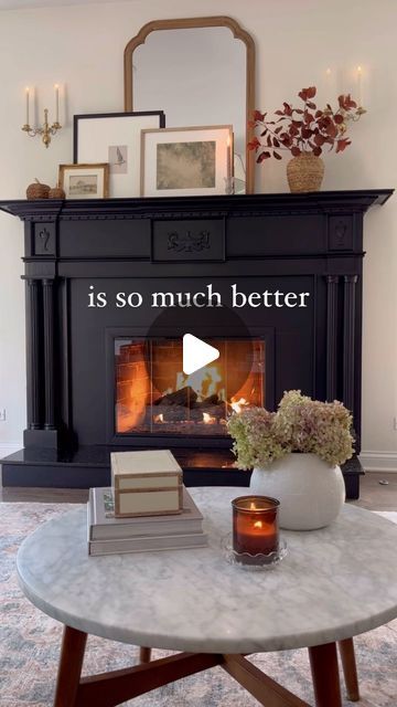 Kelly | Cozy + Collected Home on Instagram: "Our favorite spot to hang as the seasons change 🥰 
A couple things:

Mantel is tricorn black by SW in a satin finish 
Surround is chalkboard paint (the exact brand I used is no longer made) 

Our home was built in 2001 so there was nothing historic about the granite 😉" Black Painted Mantel Fireplaces, Black Fireplaces And Mantels, Black Mantel Fireplace, Dark Fireplace Mantle, Dark Grey Fireplace, Black Painted Fireplace, Painted Fireplace Surround, Black Fireplace Ideas, Black Fireplace Mantel