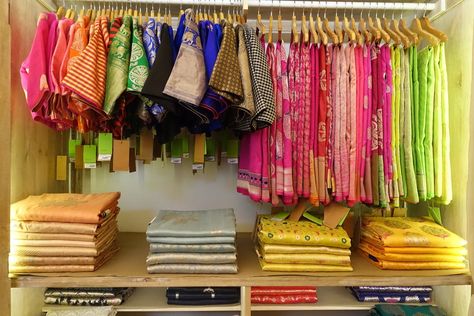 Read our guide to the best saree shops in Delhi, from contemporary stores to traditional handloom outlets. Saree Shop Interior, Boutique Interiors, Backpacking India, Souvenir Store, India Trip, Cutwork Blouse, Best Business Ideas, Wallpaper Stores, Daily Ideas