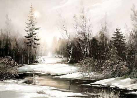 Snowy River | Collection Prints Kevin Hill Paintings, Art Titles, Kevin Hill, Winter Scene Paintings, Winter Frame, Snowy River, Tree Outline, Snowy Field, Rustic Landscape