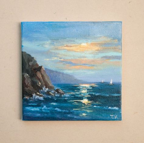 Acrylic Sky Painting, Art Miniature, Canvas For Beginners, Sea Landscape, Acrylic Landscape, Small Canvas Paintings, Landscape Mountains, Sky Painting, Small Canvas Art