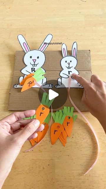 Fynn Sor | Happy Tot Shelf on Instagram: "Adorable rabbit activity for little ones to master the letter R! Sort the uppercase and lowercase letter R and threading carrots through the matching rabbits. 🥕🐇 👉🏻 Suitable for ages 2 to 5.  ❤️ If you love this letter activity, comment ‘LETTERS’ below, and I’ll send you a list of our favourite letter learning activities! . . #learningisfun #handsonlearning #kidsactivities #preschoolactivities #toddleractivities #earlylearning" R Letter Activity, Letter R Toddler Activities, Letter R Activity For Preschoolers, Letter R Recognition Activities, Carrot Craft Preschool, Rabbit Activities For Preschool, Letter R Worksheets Preschool, R Activities For Preschool, Letter R Song