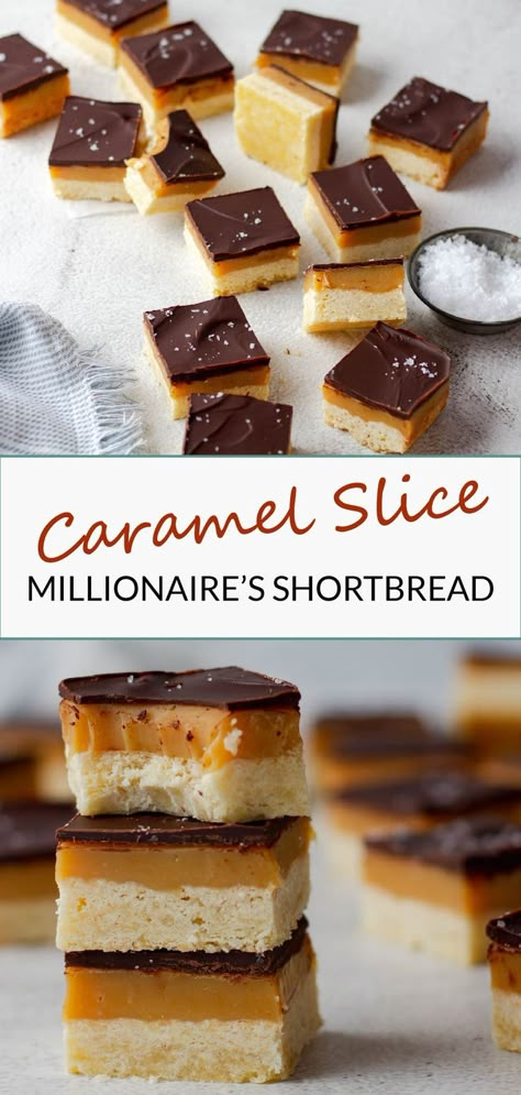 Sliced caramel slice aka millionaire's shortbread Salted Caramel Treats, Caramel Fudge Recipe, Caramel Slice Recipe, Salted Caramel Slice, Carnation Caramel, Salted Caramel Desserts, Millionaire Shortbread Recipe, Carnation Milk, Millionaires Shortbread