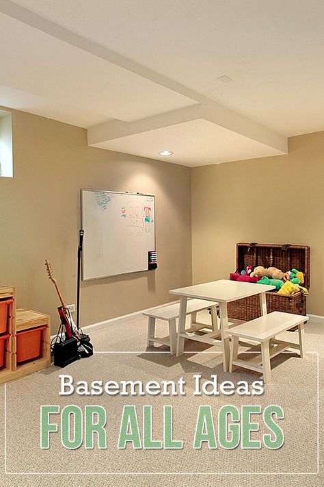 Keep your kids occupied all winter long with these 9 basement hangout and playroom ideas for all ages. #playroom #basementideas #homerenovation #DIY Cheap Basement Playroom Ideas, Long Narrow Playroom Layout, Basement Play Area Ideas, Unfinished Basement Kids Playroom, Unfinished Basement Ideas For Kids, Basement Corner Play Area, Kid Friendly Basement Ideas, Small Basement Playroom Ideas, Kids Basement Ideas