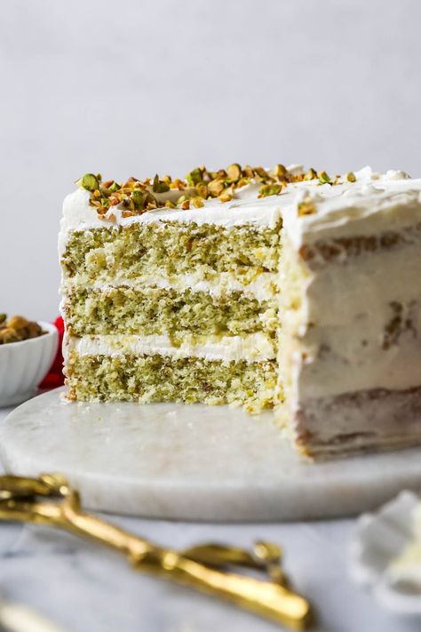 Pistachio Cake - Sugar Spun Run Pistachio Sheet Cake, Pistachio Cake Recipe From Scratch, Pistachio Cake Recipe, Italian Lemon Pound Cake, Crumb Recipe, New Year's Desserts, Butter Pecan Cake, Pistachio Butter, White Chocolate Buttercream